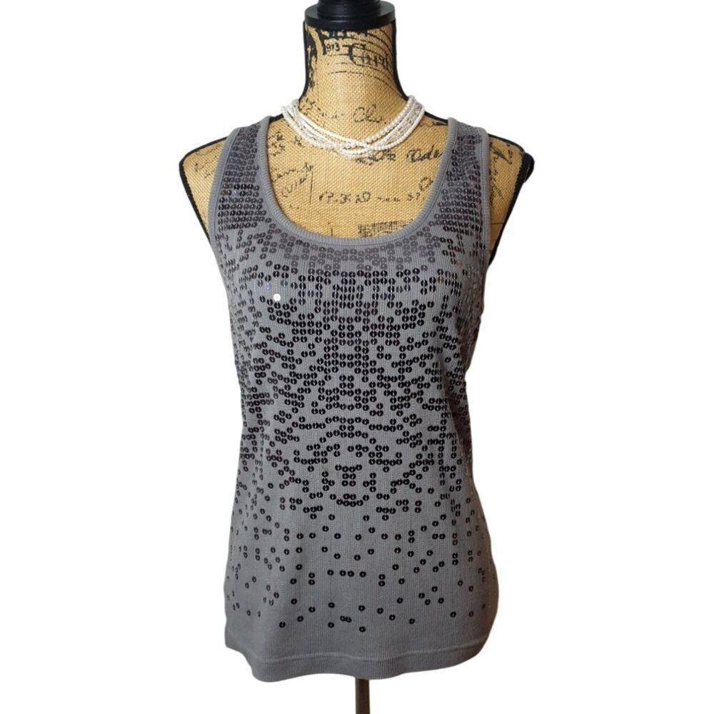 Apostrophe Womens Sequin Tank Top L/G Gray Y2K Embellished Glam Chic Club